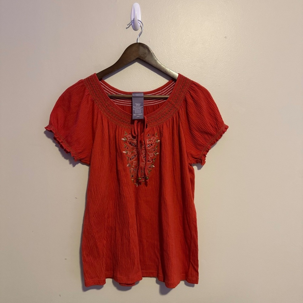 Women's Burnt Orange Embroidered Peasant Blouse Short Sleeve S Boho Indie